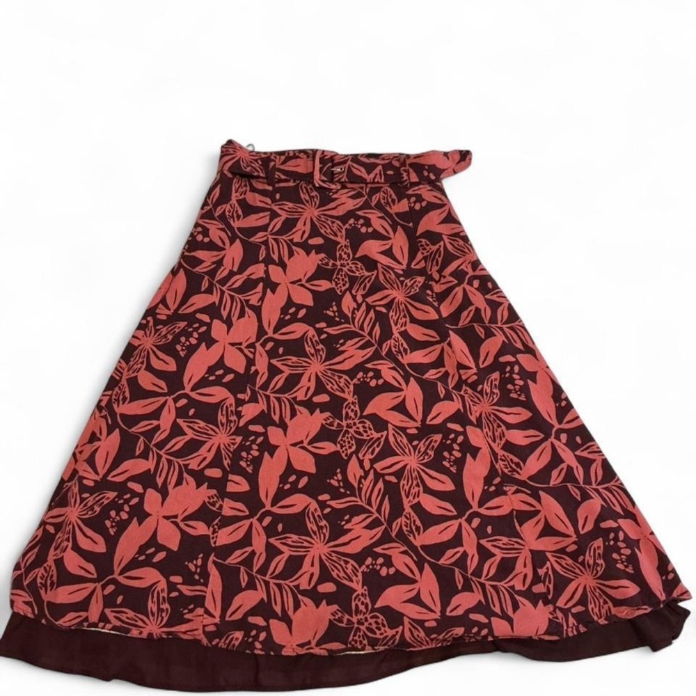 Bagatelle Collection Midi Skirt Womens Medium Burgundy Floral Linen Blend Belted